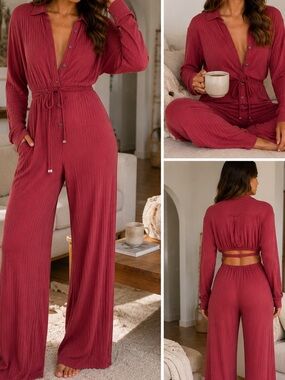 RARE Free People Elai Open Back Ribbed Knit Long Sleeve Wide Leg Jumpsuit